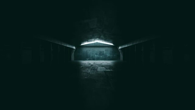 Sci Fi Futuristic Laser Neon Glowing Lights Concrete Room Warehouse Corridor Underground Bunker Studio Showroom Camera Dolly Fly Empty Product Title Space Cyber Alien Spaceship 3D Animation