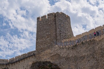 Medieval architecture. Protective fortification. Fortress on the river bank. Architectural elements...