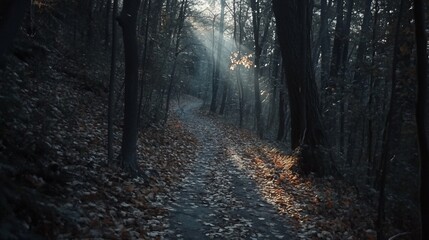 Obraz premium Mystical forest path bathed in ethereal light, a journey through nature