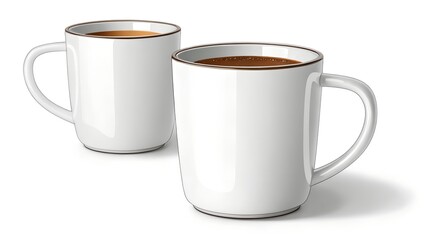 Two simple white ceramic mugs filled with a hot brown beverage, likely coffee or tea
