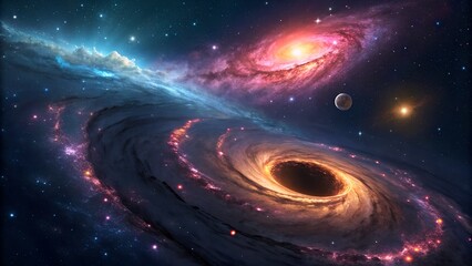 Epic digital illustration depicting a breathtaking deep space scene with multiple vibrant galaxies and glowing nebulae.