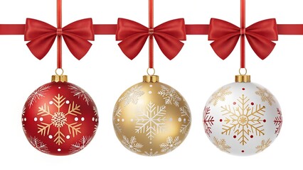 A set of three decorative Christmas baubles (red, gold, and white) hanging in a row from red ribbons featuring prominent bows
