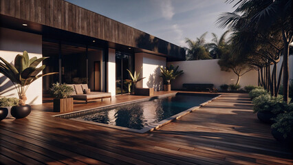 Luxury Tropical Modern Backyard with Wooden Deck and Plunge Pool Design