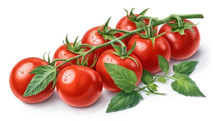 A cluster of fresh, ripe red tomatoes attached to their green vine, complete with leaves.