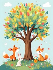 Kids illustration for a wall art cute animals and big green tree