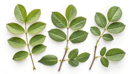 Three fresh green rose sprigs or branches with leaves, arranged side-by-side in a flat lay composition.