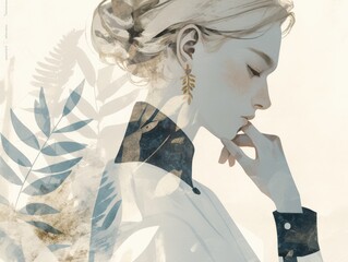Woman, hair up, earring, finger on lips. Delicate illustration style