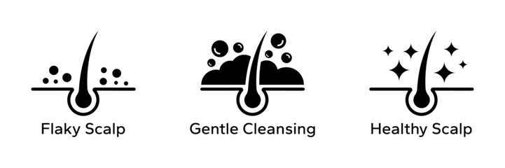 Anti dandruff icon set. Strong healthy hair line icons. Anti dandruff logo, label, badge, symbol, black, circle, line, vector, isolated illustration. Anti dandruff label for product packaging design. 