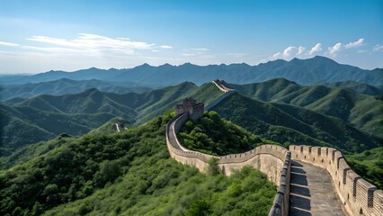 Great Wall of China Winding Through Green Hills and Mountains: Scenic and Historic Landmark.