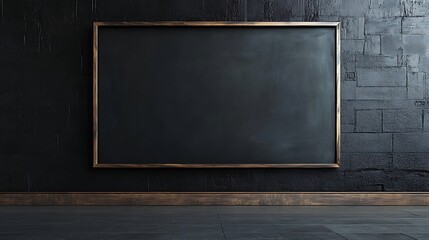 A large black chalkboard with a wooden frame is mounted on a dark wall