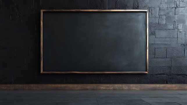 A large black chalkboard with a wooden frame is mounted on a dark wall