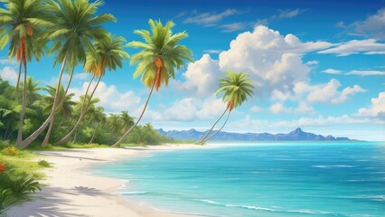 Fototapeta premium A serene beach scene with white sand, gentle waves