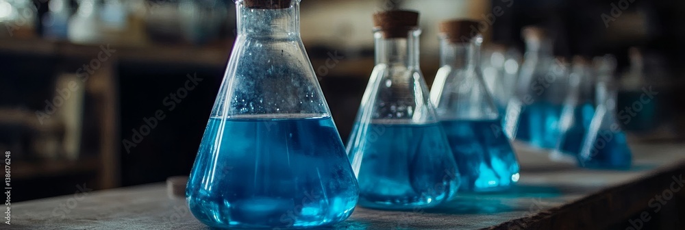 Poster blue liquid in erlenmeyer flasks - close-up of several erlenmeyer flasks filled with a vibrant blue 