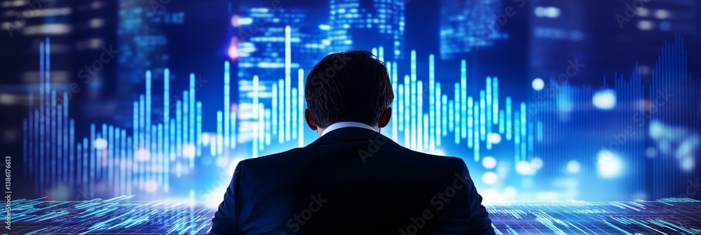 Poster businessman analyzing financial data - a businessman sits before a large screen displaying dynamic f