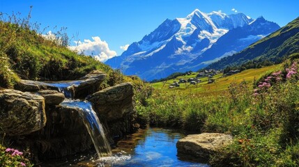 Fototapeta premium Pure water spring flowing from the swiss alps in summer