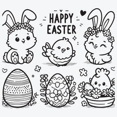 Fototapeta premium Happy Easter. Cute Easter bunny. Easter chicken. Easter eggs. Vector set stock illustration