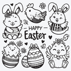 Fototapeta premium Happy Easter. Cute Easter bunny. Easter chicken. Easter eggs. Vector set stock illustration