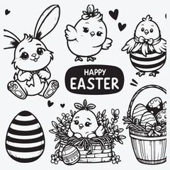 Fototapeta premium Happy Easter. Cute Easter bunny. Easter chicken. Easter eggs. Vector set stock illustration