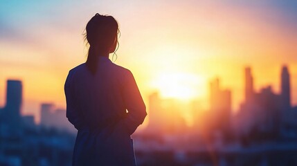 Fototapeta premium Silhouette of Healthcare Worker Against Sunset City Skyline