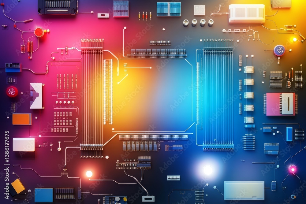 Poster circuit board technology design - close-up view of a vibrant circuit board with glowing components, 