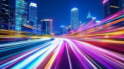 Cityscape Night Lightspeed Drive - Vibrant light trails streak across a city highway at night, showcasing fast-paced urban life and technological advancement