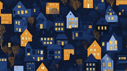 Stylized twilight residential scene with lit windows and bare trees