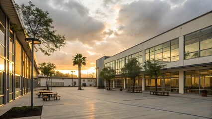 Modern Courtyard Architecture with Sunset Lighting and Tree Centerpiece