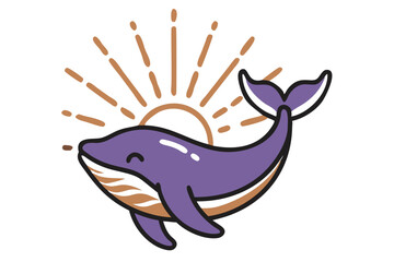 Fototapeta premium Illustration Of Purple Whale Under Sun With Rays On Black Background