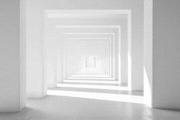 Obraz premium White Hallway Perspective with Repeating Arches and Shadows Creates Minimalist Aesthetic