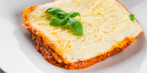 Lasagna vegetarian no meat bechamel, tomato sauce, vegetable dish vegetables organic product fresh tasty gourmet food background on the table rustic food top view copy space