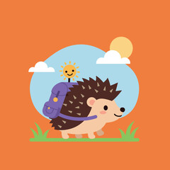 Fototapeta premium Cute hedgehog with a backpack exploring a sunny landscape in flat vector art