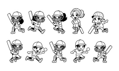 Kids cricket player outline vector illustration set
