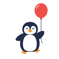 Fototapeta premium Cute penguin holding a red balloon in a flat, cheerful style of vector art