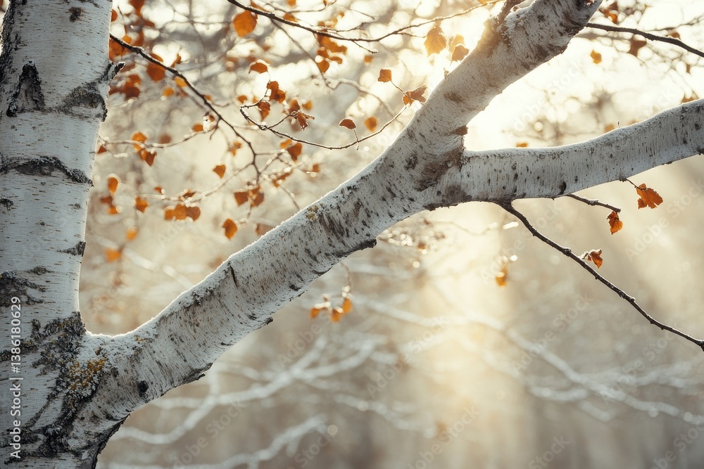 Poster Warm sunlight filters through bare branches of a snowy tree in a tranquil winter forest during the late afternoon, creating a peaceful and serene atmosphere