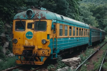 Obraz premium Summer scene featuring a diesel locomotive pulling a freight train through scenic landscapes
