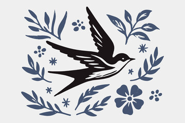 Flying swallow with floral decor in  primitive drawning style