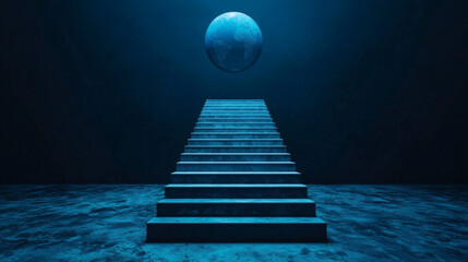 international recognition + global + success + achievement + ranking A surreal staircase leading to a globe, illuminated in a mysterious underwater setting.