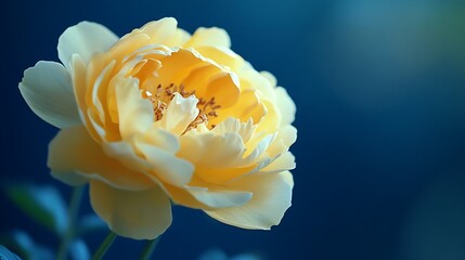 A beautiful yellow flower blossoms against a blurred blue background