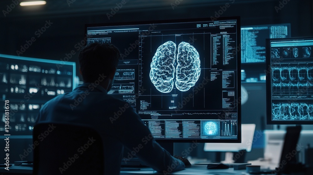 Poster silhouette of a neuroscientist examining 3d brain imaging data
