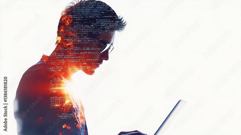 Poster creative double exposure portrait of a programmer with code