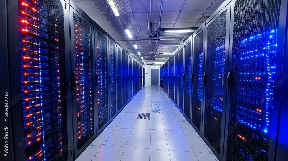 Poster data center server room infrastructure - rows of server racks illuminate a modern data center, showc