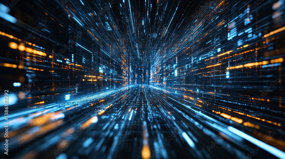 Poster data stream - abstract depicting a fast-moving stream of data, glowing blue and orange lines forming
