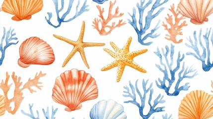 Elegant watercolor seamless pattern featuring ocean life elements and coastal designs