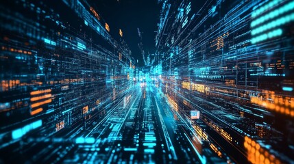 Fototapeta premium Data Highway - Abstract depicting a futuristic data highway with glowing blue and orange streams. Represents fast data flow, technology, and the world