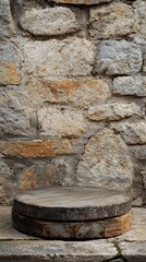 Fototapeta premium a wooden bench sitting next to an old stone wall 