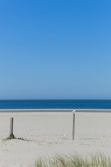 empty beach with a white umbrella and a white wooden pole in the middle of sea