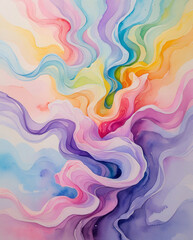 Swirling wisps of vibrant pastel hues dance across the canvas in an abstract watercolor masterpiece. The colors are a symphony of light and color, blending seamlessly to create a mesmerizing visual
