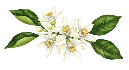 Obraz premium Botanical Illustration: Delicate Orange Blossom in Vibrant Greens and Whites AI Generated