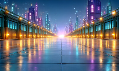 Abstract Neon Cityscape with 3D Fractal Background and Lights