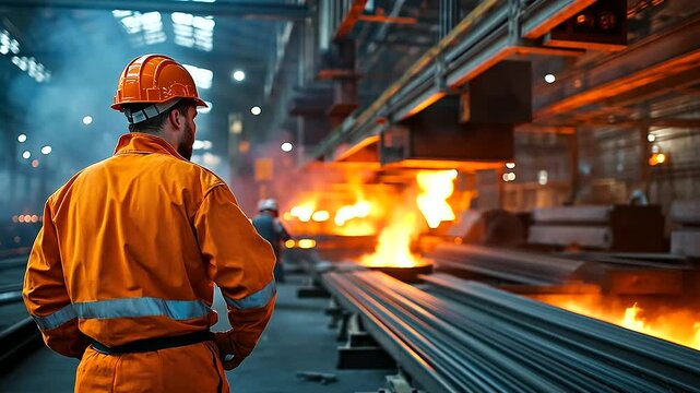 A safety officer inspects the condition of steel support beams inside a steel mill, surrounded by glowing molten metal and workers in reflective heat suits, the intense heat radiat